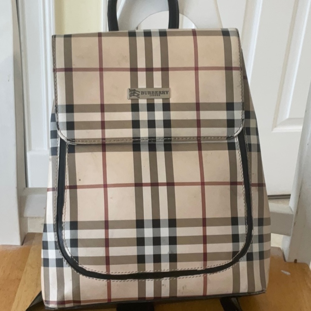 Burberry Beige Plaid Canvas Backpack with Black Accents - Picture 2 of 7